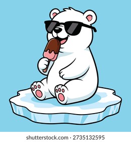 Cute and playful flat vector illustration of a happy polar bear wearing sunglasses while eating an ice cream on a floating ice floe