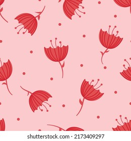 Cute, Playful Floral Seamless Vector Pattern. Red Tulip Flowers On A Pink Background. Simple, Quirky Repeat Print For Girls Textiles, Fabric, Fashion, Home Decor And Stationary. 