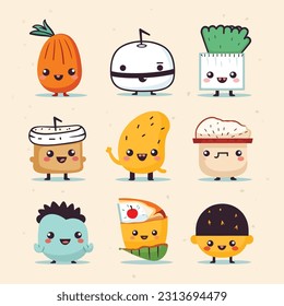 Cute and Playful Food Characters for Fun and Whimsical Designs. Cute food cartoon character vector set.