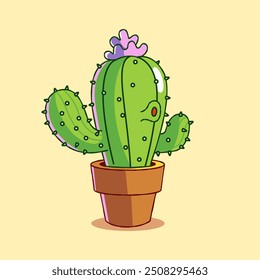 Cute Playful Green Cactus Cartoon Character Illustration on a Pot