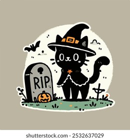 A cute and playful Halloween-themed illustration featuring a black cat dressed in a witch costume with a pointed hat. The background is a simple white, emphasizing the whimsical character of the cat. 