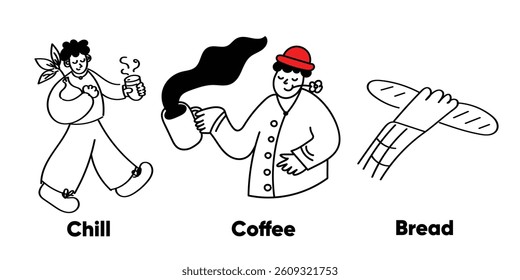 Cute and playful hand-drawn coffee shop icons in vector format. This set includes outline doodles of coffee drinks, bakery treats, café tools, and supplies—ideal for menu design, social media