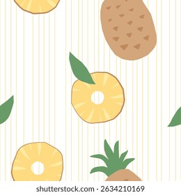 Cute and playful hand-drawn seamless pattern with pineapple and yellow stripes.  Perfect for organic products, cosmetics, surface design
