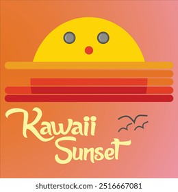 A cute and playful illustration of a sunset with a kawaii aesthetic, featuring a smiling sun peeking over colorful stripes. Perfect for creative projects involving cute and fun designs, summer themes,