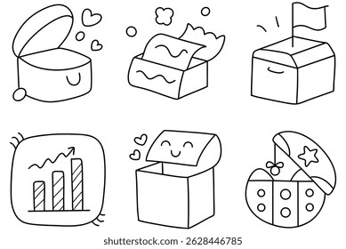A Cute and playful illustrations of various boxes including organizational chart box, gift boxes, and chart design