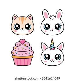Cute and playful kawaii illustrations crafted with delicate lines and joyful style Line Art Vector illustration