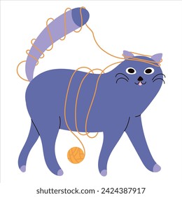 A cute playful kitten got tangled in a ball of threads. A cat is playing with a ball of thread. Cheerful children's illustration. Illustration in a minimalistic style. Cat in a simple cute style.