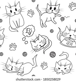 Cute playful kitten, seamless pattern. Vector hand drawn linear illustration, isolated on white background