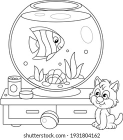 Cute playful kitten watching a funny striped butterfly fish swimming in a home round home aquarium with a sea shell and seaweeds, black and white outline vector cartoon illustration