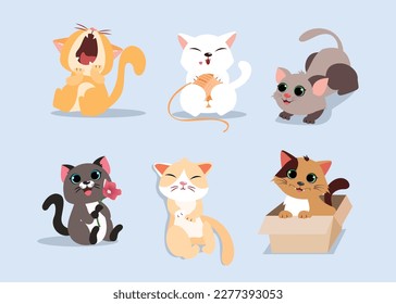 cute playful kittens set. yawning. sitting in the box. playing with flower