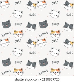 cute playful kitty cat face heads cartoon drawing pattern seamless for background and paper card