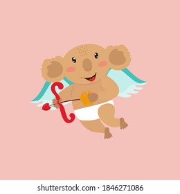 Cute playful Koala Cupid with a bow and arrow on his back. Isolated. Cartoon vector illustration for Valentine's Day
