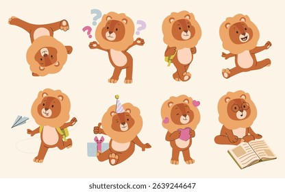 Cute playful lion little student characters in different poses enjoying studying process using education supplies showcasing brainstorming, creativity and motivation for learning vector illustration