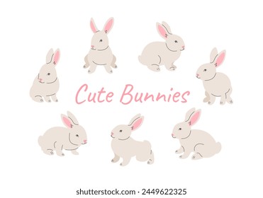 Cute playful little bunnies. Hand drawn cartoon baby rabbits in different poses isolated on white. Linear style with color fill