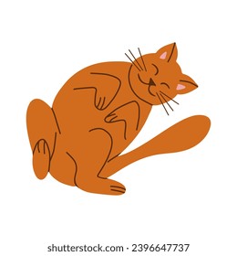 Cute playful lying down hand drawn domestic cat. Vector pet in flat cartoon minimalistic style. Trendy illustration for sticker, decoration. Good for kids textile, decoration