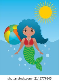 Cute playful mermaid swimming in water. Vector illustration.