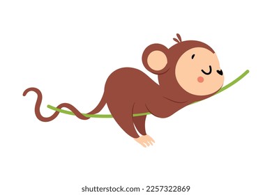 Cute Playful Monkey with Long Tail Sleeping Lying on Liana Vector Illustration