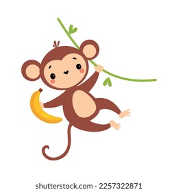 Cute Playful Monkey with Long Tail Hanging on Liana with Banana Vector Illustration