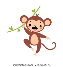 Cute Playful Monkey with Long Tail Hanging on Liana Vector Illustration