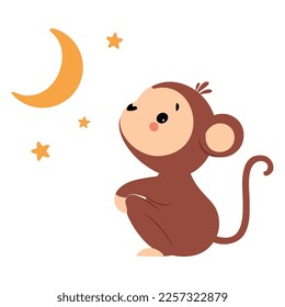 Cute Playful Monkey with Long Tail Sitting and Watching Stars in the Sky Vector Illustration