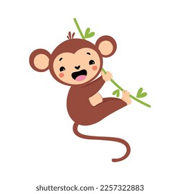 Cute Playful Monkey with Long Tail Hanging on Liana Vector Illustration