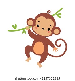 Cute Playful Monkey with Long Tail Hanging on Liana Vector Illustration