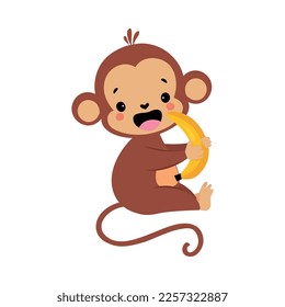 Cute Playful Monkey with Long Tail Holding Yellow Banana Vector Illustration