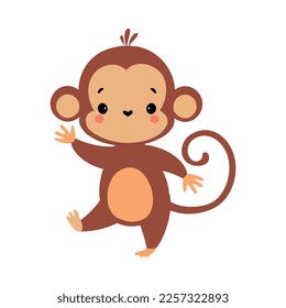 Cute Playful Monkey with Long Tail Waving Paw Greeting Vector Illustration