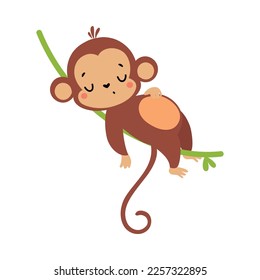 Cute Playful Monkey with Long Tail Lying and Sleeping on Liana Vector Illustration