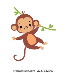 Cute Playful Monkey with Long Tail Hanging on Liana Vector Illustration