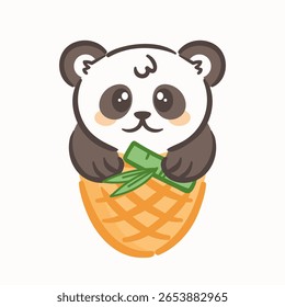 A cute and playful panda in a waffle cone, radiating kawaii charm. Big expressive eyes and a playful pose give joy, making this illustration perfect for a whimsical design.