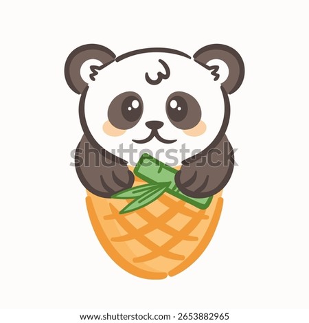 A cute and playful panda in a waffle cone, radiating kawaii charm. Big expressive eyes and a playful pose give joy, making this illustration perfect for a whimsical design.