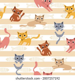 Cute playful pastel colored cats in different poses . Seamless patterns with simple cartoon element isolated in background. For printing baby textiles, fabrics. Hand draw.