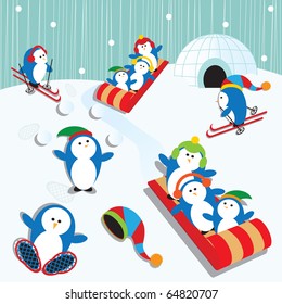 Cute Playful Penguin Village Snow Scene