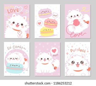 Cute playful persian cat white furry fluffy, meow! in soft pastel color. Set of rectangle gift tag, card, postcard. Lovely, funny, so comfy. Vector illustration.
