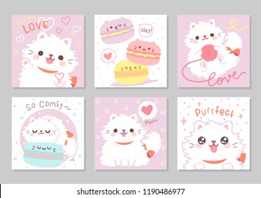 Cute Playful Persian Cat White Furry Fluffy, Meow! In Soft Pastel Color. Set Of Square Gift Tag, Card, Postcard. Lovely, Funny, So Comfy. Vector Illustration.
