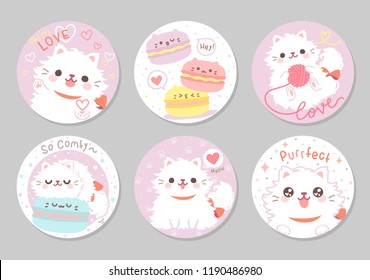 Cute playful persian cat white furry fluffy, meow! in soft pastel color. Set of circle gift tag, card, postcard. Lovely, funny, so comfy. Vector illustration.
