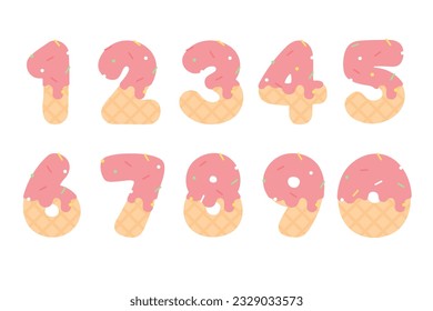 Cute and playful pink strawberry ice cream cartoon number for kids, from zero to nine. Vector illustration.