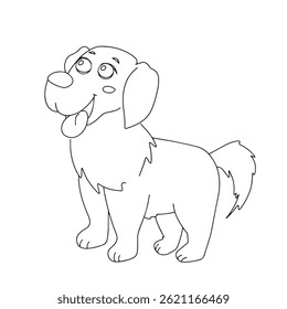 A cute and playful puppy line drawing illustration designed for children's coloring books. This minimalistic black and white sketch features a friendly dog in a sitting pose, perfect for early learner