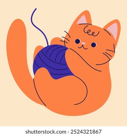 A cute playful red cat . Illustration in flat cartoon style. For print, logo, children's clothing design, postcard