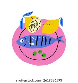 Cute Playful sardines and lemons - vector print. Sunner print in flat style. 
