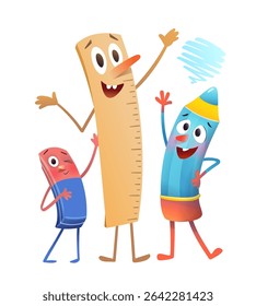 Cute playful School Supplies characters for kids education and funny learning. Back to school cartoon clip art, ruler eraser and pen student friends. Cartoon vector illustration for children education