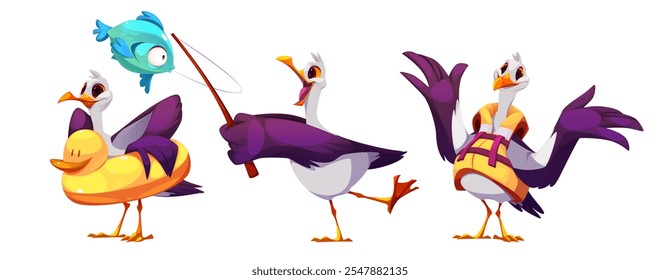 Cute playful seagull cartoon characters in different poses. White seabird with purple wings wearing yellow life ring, fishing with rod, dressed in orange safety vest. Funny bird with expressive faces.