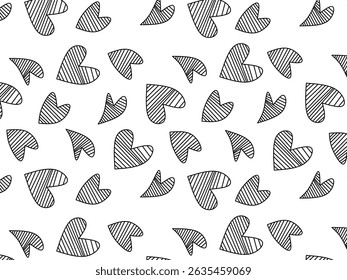 Cute and playful seamless pattern featuring hand-drawn black hearts with diagonal lines on a clean white background. Perfect for Valentine's Day designs, wedding invitations, romantic wrapping paper