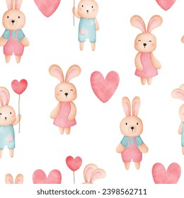 Cute and Playful: Seamless Pattern of Watercolor Rabbit and Heart in Flat Style - Perfect for Textiles, Prints, and Children's Designs