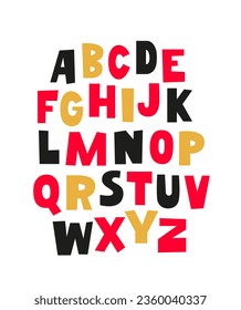 Cute playful simple children's font. The English alphabet, drawn by hand with a marker. Capital letters. Lettering. Latin alphabet. Vector alphabet on a white background.