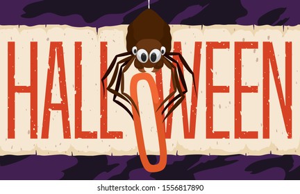 Cute playful spider holding a letter "o" and balancing in its web over greeting scroll, ready to celebrate Halloween.