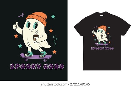 Cute and playful spooky ghost character riding a skateboard Perfect for t-shirt prints, apparel, streetwear, stickers, posters, merch designs, and seasonal Halloween graphics. Ideal for youth fashion, casual clothing brands, and playful spooky-themed designs.