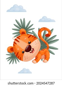 Cute Playful Tiger Cub Tropical Leaves Clouds Symbol Year 2022 Cartoon Vector