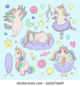 Cute playful unicorn vector set. Hand drawn doodle illustration. Pastel colors. Kids design. Sweet unicorn characters dance, sleep, eat, jump, brush hair. Magic objects, hearts. Little girls fun.